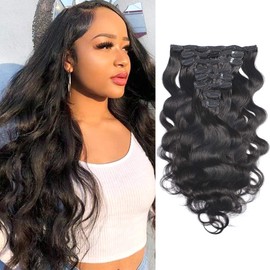 Feelgrace Wavy Clip ins Hair Extensions Human Hair, 18" Natural Black Body Wave Clip in Remy Human Hair Extensions for Women