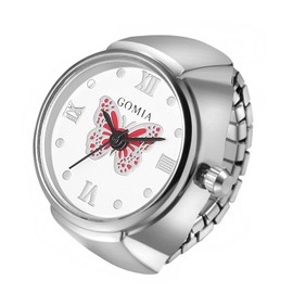 JewelryWe Ring Watch Finger Watch Elastic Butterfly – Women's Analogue Quartz Finger Ring Watch Ring Watch Ring with Butterfly Roman Numerals Dial and Silver/Gold Alloy Elastic Band, Silver-red