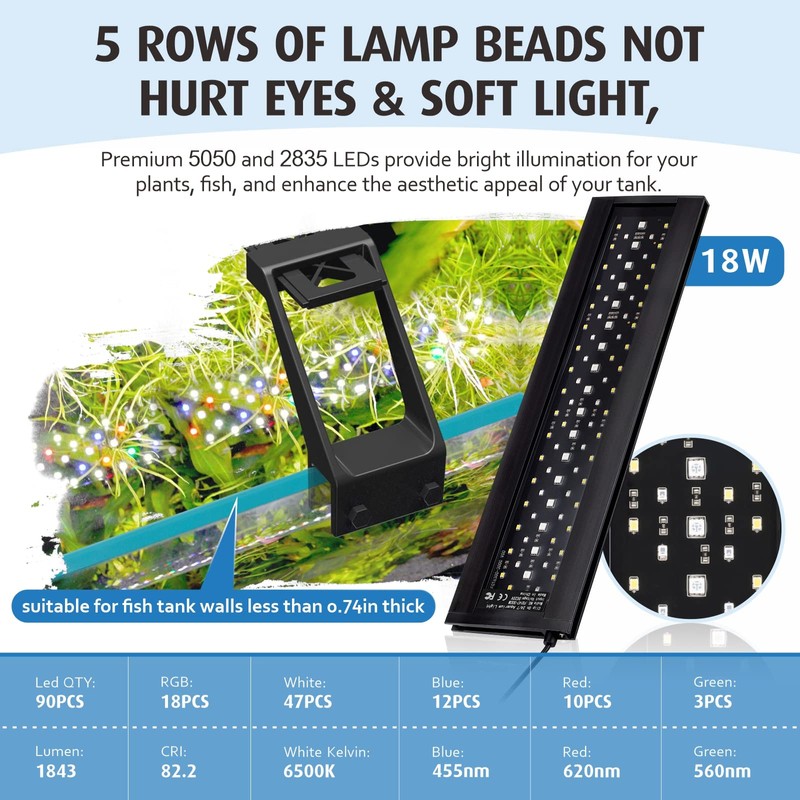 hygger Clip On Full Spectrum Aquarium LED Light, 18W Day-Night