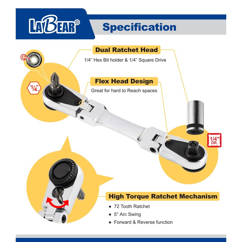 LABEAR - Flexible Dual Ratchet with 1/4" Square Drive &