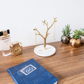 Marble Jewelry Tree - Gold Necklace Holder - Jewelry Stand For Necklaces & Rings - Jewelry Organizer (White)