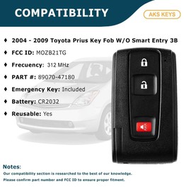 AKS KEYS Replacement for Toyota Key Fob 3 Buttons That Use FCC MOZB21TG and Part Number 89070-47180 Without Smart Entry - 314 MHz Compatible with 2004 - 2009 Prius