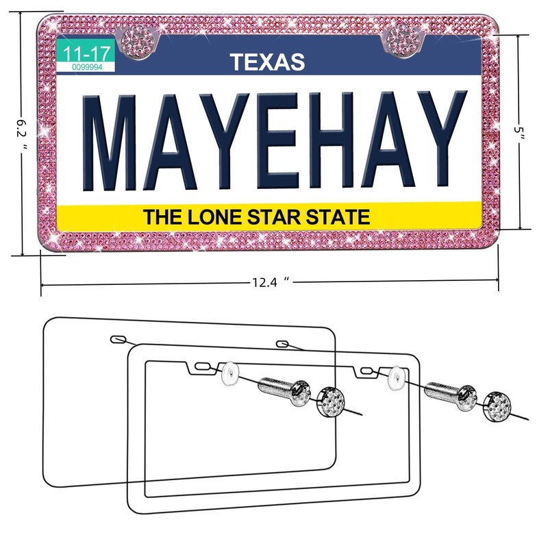 MAYEHAY Pink License Plate Frame 2 Packs Bling License Plate