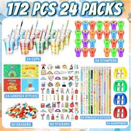 Hsei 222 Pcs Back to School Gifts for Kids Welcome to School Stationery Set with Cups Cards Pencils Stickers Erasers Stamper Sharpener for Boy Girl Student Classroom Reward Prizes Goodie Exchange Gift