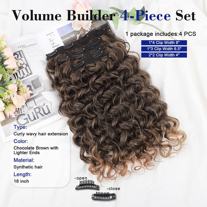 Curly Clip in Hair Extensions 18 Inch, QGZ Yaki 4PCS