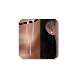 Butterfly Threader Earrings Silver Long Chain Thread Earrings Line Pull Through Earrings Long Bar Tassel Dangle Earrings Pearl Chain Drop Earrings Dangle Earrings Jewellery for Women and Girls, Zinc