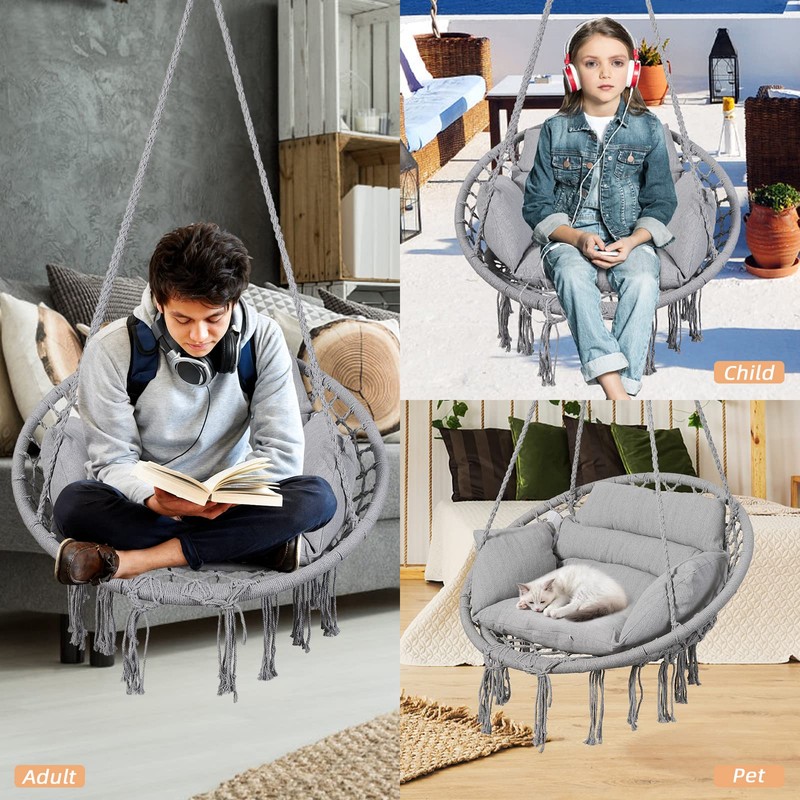 Goutime Hammock Chair, Macrame Hanging Swing Chairs with Cushion and