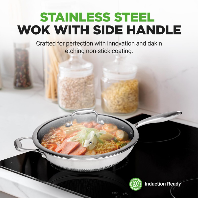NutriChef 12" Stainless Steel Wok - Induction ready, Non Stick