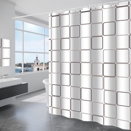 GRICOL Shower Curtain Waterproof Polyester Fabric Washable Bath Curtain with 12 Rings for Shower and Bath 180 x 200 cm White Checked