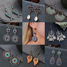 Magnoloran 8 Pairs Bohemian Earrings for Women Vintage Boho Dangle Drop Earrings Retro Metal Hollow Hoop Earrings Geometric Teardrop Earring Ethnic Style Jewelry Earrings Set, Small, Brass
