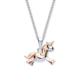 Old English Jewellers Sterling Silver & Rose Gold Unicorn Pendant Necklace + 16 Inch Chain - Childrens