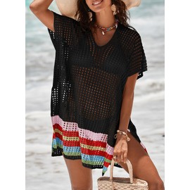 Dokotoo Women's Swimwear Beach Bikini Resort Wear Swimsuit Short Sleeve Cover-ups Cruise Outfits Summer Sundress Pool Crochet Bathing Suits Striped Side Split Dress Beach Outfits,Black X-Large