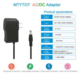 3V 1A Power Supply 3v1a AC DC Adapter100-240V AC to DC 3Volt 1Amp Power Adapter Converter Transformer 3v 1000ma Adapter 5.5mm x 2.5mm DC Plug 4.6FT Cord for Fountains