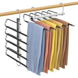 Housolution Trouser Hangers, Set of 2, Slacks, 5 Tiers, Wrinkle Resistant, Non-Tracing, Clothes Storage, Closet Organization, Space Saver, Silver