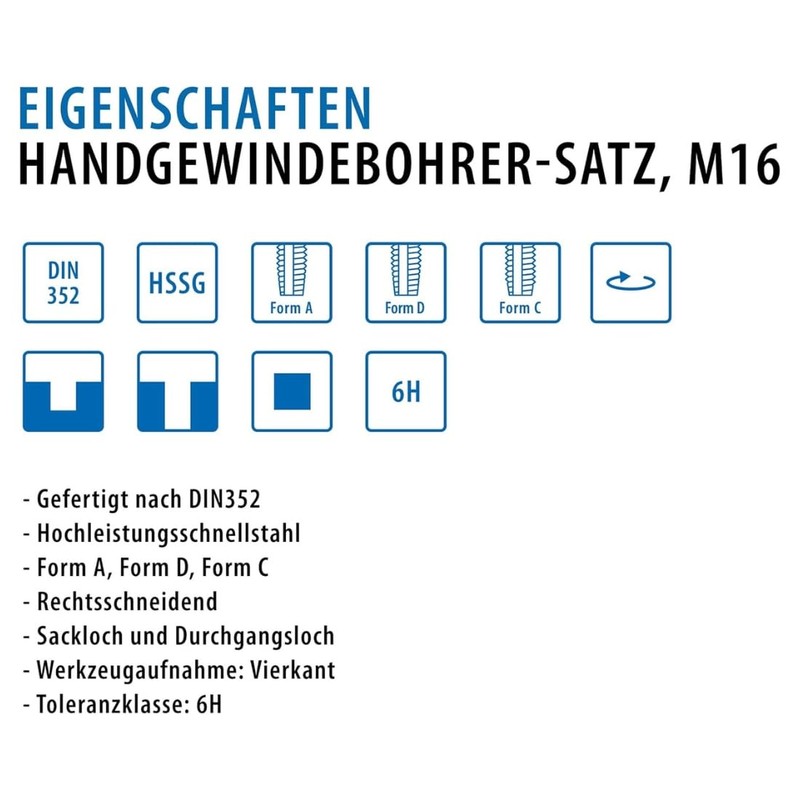 Professional Tap M16 Set HSSG 3 Pieces, Tap, Tap, Middle