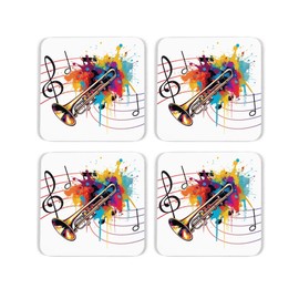 Trombone Cork Coaster Set - Colourful Abstract Instrument Gifts for Musicians - Set of Four (4) Square Drinks Coasters & Wood-Effect Stand