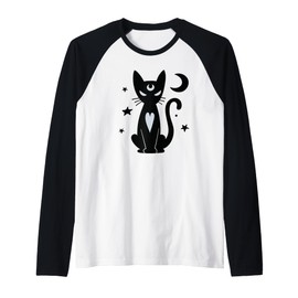Gothic Witchy Black Cat with Moon Mystical Stars Night Art Raglan Baseball Tee