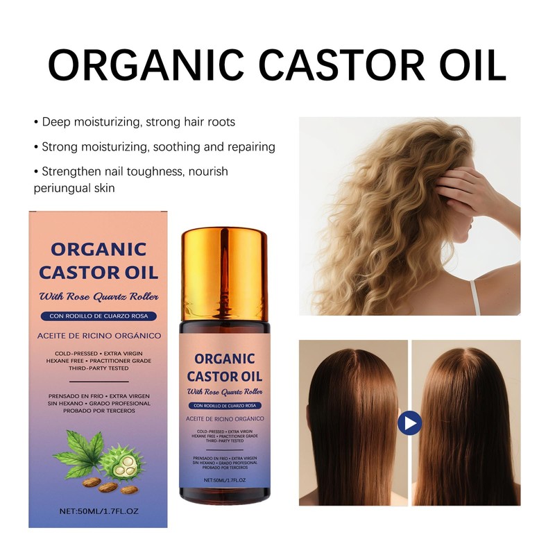 JISKG 2 Pcs Organic Castor Oil with Rose Quartz Roller,
