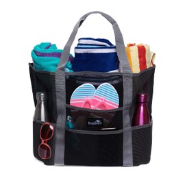 Dejaroo - Sand Free Mesh Bag - Strong Lightweight Tote For Beach & Vacation Essentials. Tons of Storage with 8 Pockets, Foldable, 17x9x15 inches, Black with Grey Straps