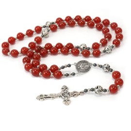 Nazareth Store Red Garnet Rosary Stone Beads Necklace Metal Beaded Glory Beads Miraculous Medal & Silver Cross Crucifix For Men and Womens