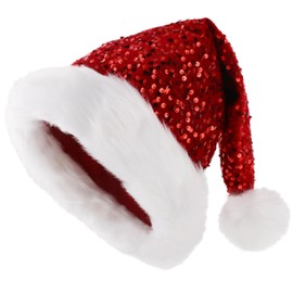 Inxens Santa Hat Christmas Hat Adult Large Red Plush Velvet Santa Claus Hat for Women Men XL Holiday Christmas Hats Double Layer Sequin 31x47cm