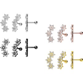 PIERCINGLINE Titanium Ear Piercing with 3 Crystal Flowers Piercing as Ear Stud, Helix or Tragus in 4 Stylish Colours, Titanium