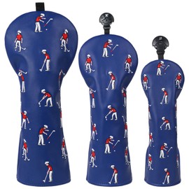 Golf Club Head covers Wood Set 3 PACKS (1.F.H) Set for Driver Fairway Hybrid with No.Tag Elastic Closure Blue PU Leather Golfers Pattern