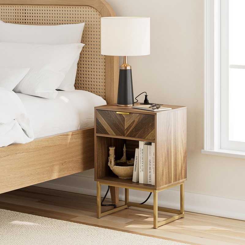 Masupu Nightstand with Charging Station,Modern Night Stand Boho Farmhouse Wood