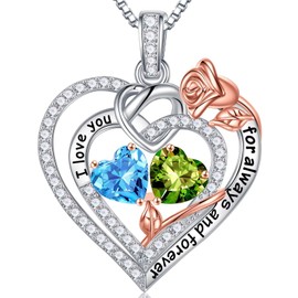 Iefil Birthstone Necklace for Women - March August Birthstone, Aquamarine Peridot Necklace, Sterling Silver, Anniversary Birthday Gifts for Women