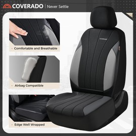 Coverado Seat Covers for Car 2 Seats, Leather Car Seat Covers Fullset, Breathable Mesh Front and Rear Protectors, Grey Luxury Automotive Covers, Universal Fit for SUV, Truck, Sedan
