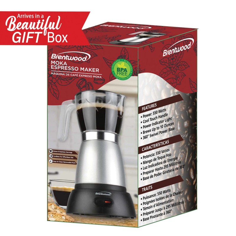Brentwood 6-Cup Electric Moka Pot Espresso Machine (Silver)