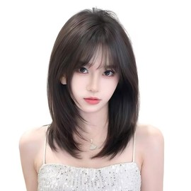 Semi-Long Wig, Straight, Medium Layer, Black, Full Wig, Wig, Wig, Black Hair, Natural Women's, Small Face, Heat Resistant, Synthetic Hair, Smooth, Everyday Use, Net Included, Black Brown, 14.2 inches (36 cm)