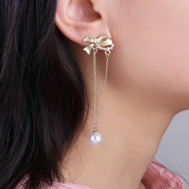 Allereyae Boho Pearl Bow Drop Earrings Gold Bow Stud Earrings Long Pearl Tassel Earrings Pearl Bowknot Earrings Jewelry for Women