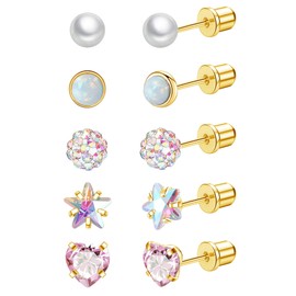 Staligue 5 Pairs Titanium Earrings for Women 20G Hypoallergenic Screw Back Stud Earrings for Sensitive Skin Cubic Zircon Heart Star Pearl Screw Back Nap Earrings Set Gold