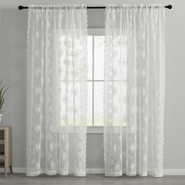 Kotile Ivory Lace Curtains 36 Inch Length 2 Panels, Country Rustic Floral Lace Curtains Short for Kitchen Window, Rod Pocket Privacy Lace Cafe Curtains, 42 x 36 Inch Each, 1 Pair, Ivory