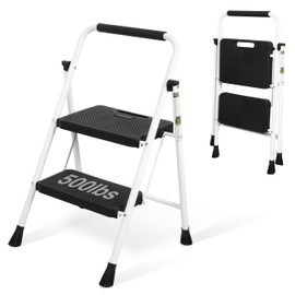 2 Step Ladder, Portable Steel Folding Step Stool with Wide Anti-Slip Pedal & Convenient Handgrip, 500lbs Sturdy Steel Ladder, White