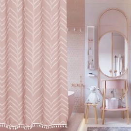 Extra Long Pink Boho Shower Curtain with White Tassel, Woven Fabric Cute Shower Curtain, Tufted Chevron Striped, 72 x 78, Modern Chic Textured Minimalist Bathroom Shower Curtain
