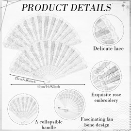 Yalikop 100 Pieces Rose Lace Floral Hand Fans Retro Elegant Chinese Folding Fan White Vintage Bridal Handheld Dancing Fan Props for Wedding Party Church Ladies Favors (Silver)