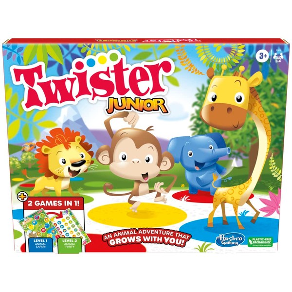 Twister Junior Game, Animal Adventure - Tappetino a 2 lati, 2 giochi in 1, gioco per feste, gioco indoor per 2-4 giocatori