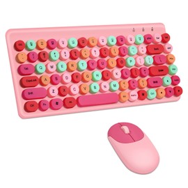 Wireless Keyboard and Mouse Combo, TRELC 2.4GHz Cute Keyboard with Slim Mouse, Mini 86-Key Retro Round Keys Keyboard, Typewriter Keyboard for PC, Desktop, Computer, Notebook, Laptop (Pink-Colorful)