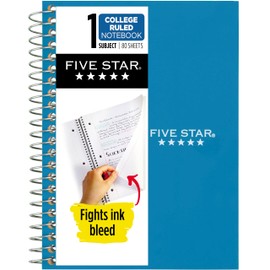 Five Star Spiral Notebook, 1 Subject, College Ruled Paper, Personal Size, 4-3/8" x 7", 80 Sheets, Fights Ink Bleed, Water Resistant Cover, Tidewater Blue (450048CG1-ECM)
