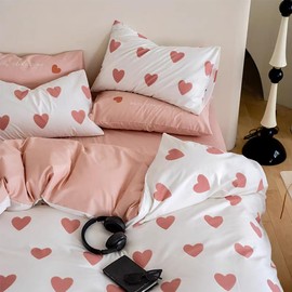 Michorinee Pink and White Heart Single Duvet Cover Set Aesthetic Pink Love Heart Bedding Set Reversible Microfiber Quilt Cover 135x200 cm Zipper Closure with Pillowcase 50x75 cm