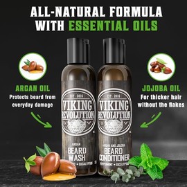 BEST DEAL Beard Wash & Beard Conditioner Set w/ Argan & Jojoba Oils - Softens & Strengthens - Natural Peppermint and Eucalyptus Scent - Beard Shampoo w/ Beard Oil 5oz by Viking Revolution