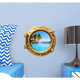 Port Scape Instant Sea Window View Tahiti Island Part 1 Bronze Porthole Wall Decal Removable Wall Sticker South Pacific Tropical Landscape Wall Art Travel Decor 12 inch