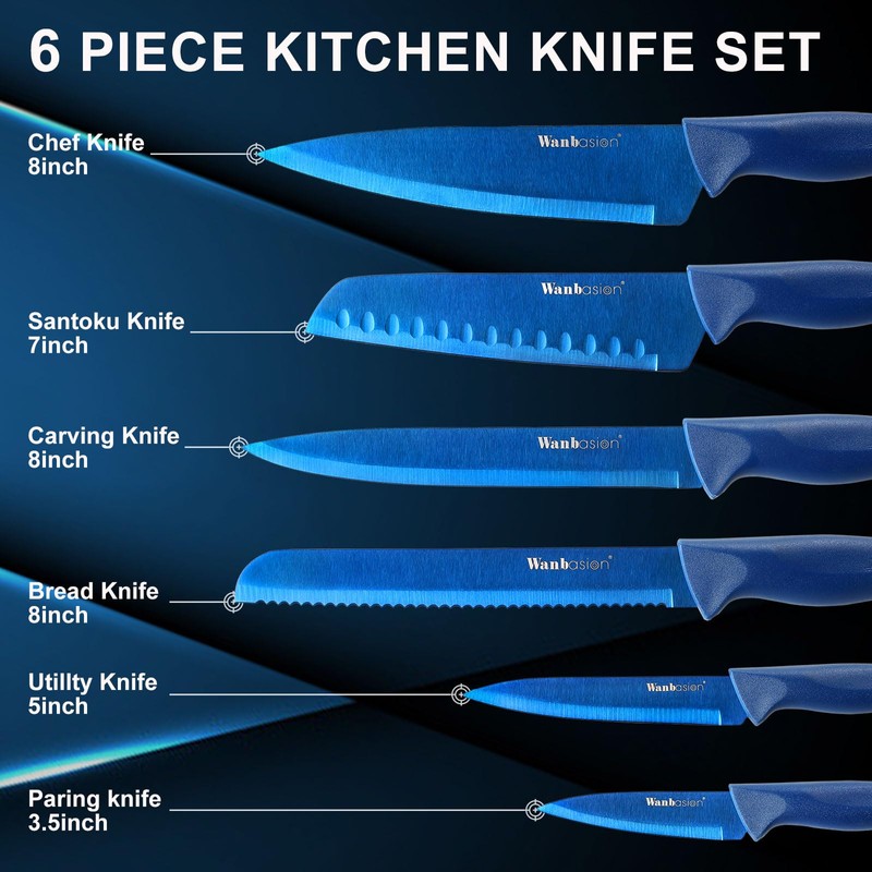 Wanbasion Blue Professional Kitchen Knife Chef Set, Stainless Steel, Dishwasher