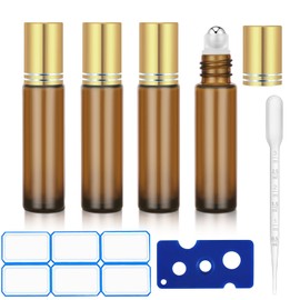 DTDNZKN 4 Pack of 0.34 Oz (10ml) Essential Oil Roller Bottles - Refillable, Leak-proof Amber Glass Roll-on Bottles with Stainless Steel Roller Balls, Metal Caps, and Labels Included