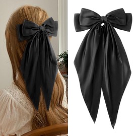 1PC Big Hair Bows Clip,Long Soft Satin Hairpin French Ribbon Bowknot Metal Hair Clips,Tail Barrettes Accessories(Black)