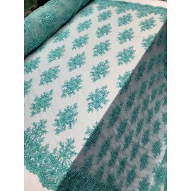 Divastyletextiles Aqua Beaded Lace Fabric by the Yard  Floral Embroidery Scallops Bridal Prom