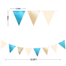 Champagne Gold Sky Blue Beige Decorations Metallic Fabric Triangle Pennant Banner Bunting Flag Garland for Birthday Baby Shower Engagement Wedding Graduation Bridal Shower Party Decorations Supplies