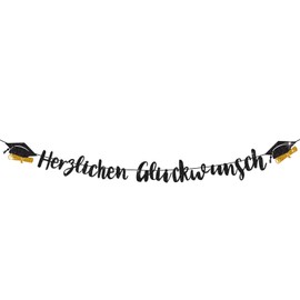 BETESSIN Graduation Decoration Glitter Black - Congratulations Garland with Graduate Hat Motif - Graduation Decoration Banner - Hanging Decoration for Graduation, Bachelor and Master Graduations